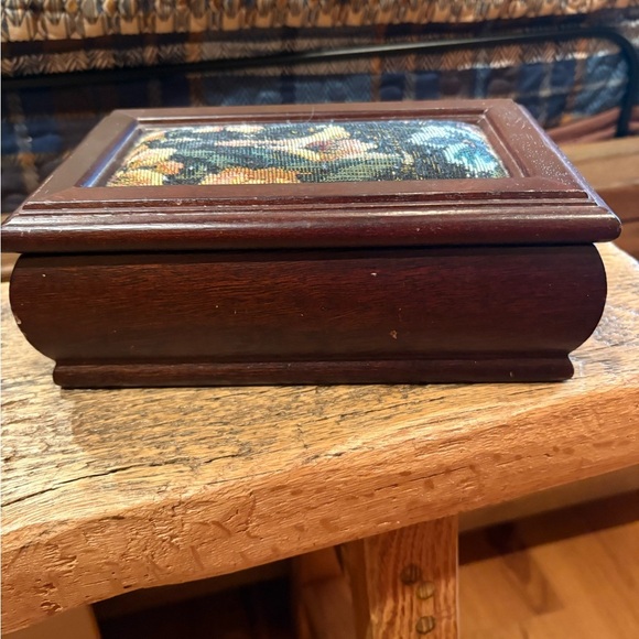 Vintage Wooden Jewelry Box with Floral Tapestry - Picture 2 of 12